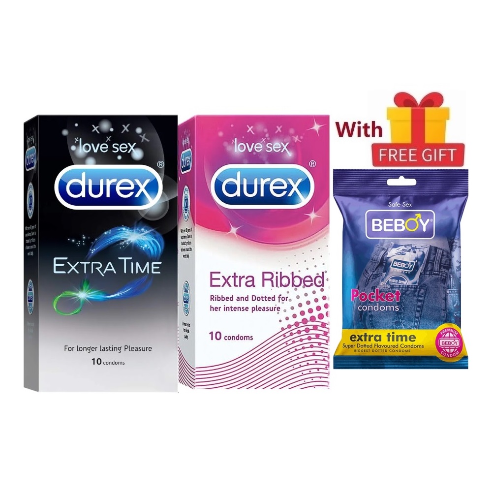 Picture of Durex Xtreme Combo = 23Pcs Condom + Durex Extra Time 10s + Extra Ribbed 10s + Beboy Extra Time Dotted Paan 3s + Free Gift