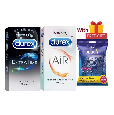 Picture of Durex Classical Combo = 23Pcs Condom + Durex Extra Time 10s + Durex Air 10s + Beboy Extra Time Dotted Paan 3s + Free Gift