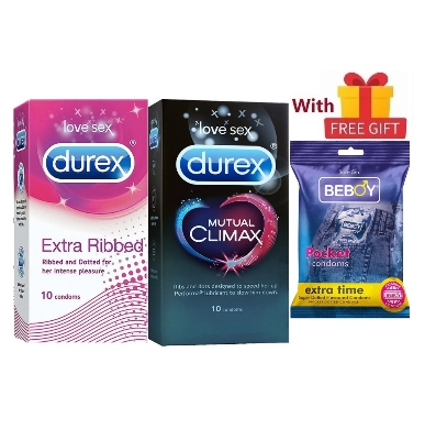 Picture of Durex Mutual Meet Combo = 23Pcs Condom + Durex Extra Ribbed 10s + Durex Mutual Climax 10s + Beboy Extra Time Paan 3s + Free Gift