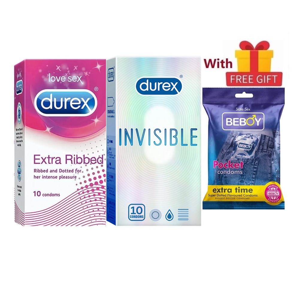 Picture of Durex Invisi Sense Combo = 23Pcs Condom + Durex Extra Ribbed 10s + Durex Invisible 10s + Beboy Extra Time Paan 3s + Free Gift
