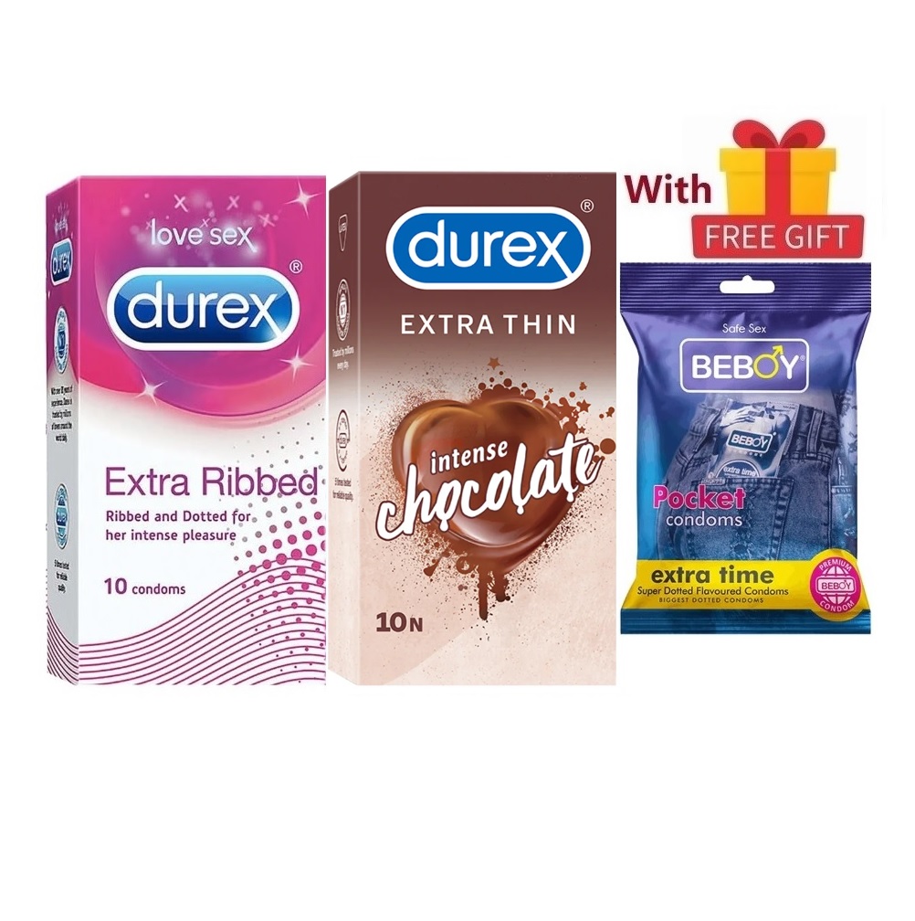 Picture of Durex LoveWrap Combo = 23Pcs Condom + Durex Extra Ribbed 10s + Durex Extra Thin Chocolate 10s + Beboy Extra Time Paan 3s + Free Gift