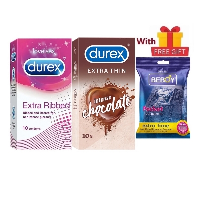 Picture of Durex LoveWrap Combo = 23Pcs Condom + Durex Extra Ribbed 10s + Durex Extra Thin Chocolate 10s + Beboy Extra Time Paan 3s + Free Gift