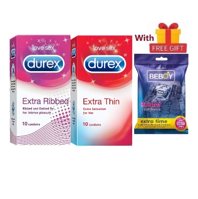 Picture of Durex Playful Combo = 23Pcs Condom + Durex Extra Thin 10s + Durex Extra Ribbed 10s + Beboy Extra Time Paan 3s + Free Gift