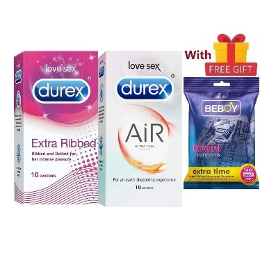Picture of Durex Amore Love Combo = 23Pcs Condom + Durex Air 10s + Durex Extra Ribbed 10s + Beboy Extra Time Paan 3s + Free Gift