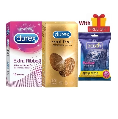 Picture of Durex Real Love Combo = 23Pcs Condom + Durex Real Feel 10s + Durex Extra Ribbed 10s + Beboy Extra Time Paan 3s + Free Gift