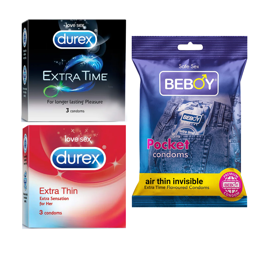 Picture of Durex Safe Haven Combo = 9Pcs Condom + Durex Extra Time 3s + Durex Extra Thin 3s + Beboy Air Thin Invisible 3s Condom
