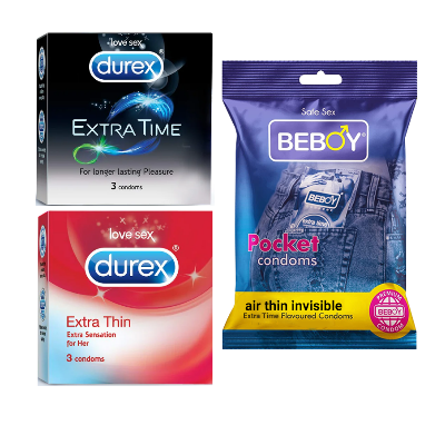 Picture of Durex Safe Haven Combo = 9Pcs Condom + Durex Extra Time 3s + Durex Extra Thin 3s + Beboy Air Thin Invisible 3s Condom