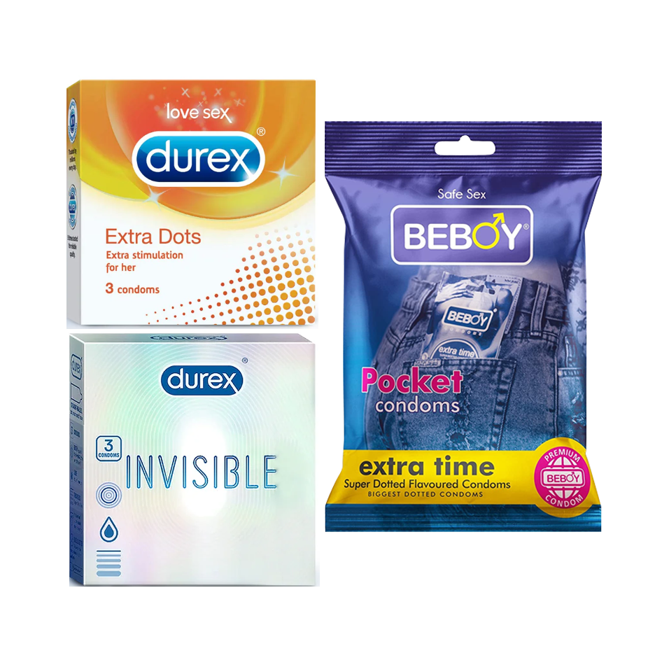 Picture of Durex Fun Combo = 9Pcs Condom + Durex Invisible 3s + Durex Extra Dots 3s + Beboy Extra Time 3s Condom