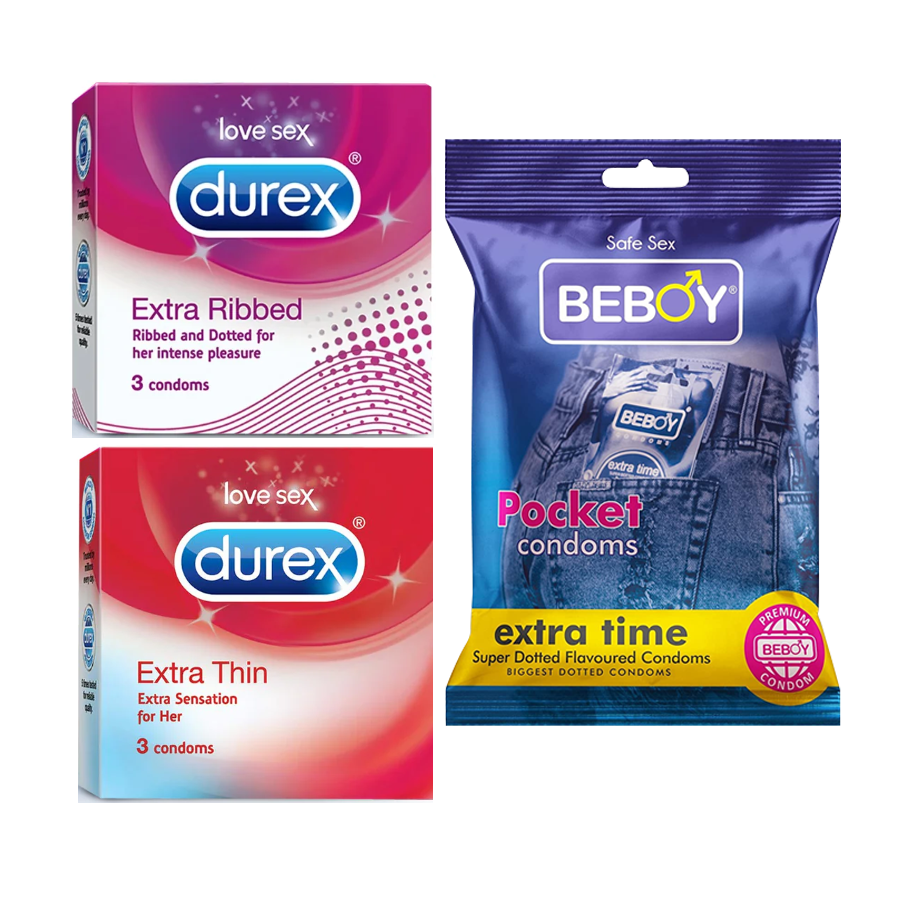 Picture of Durex Innovation Combo =  9Pcs Condom + Durex Extra Ribbed 3s + Durex Extra Thin 3s + Beboy Extra Time 3s Condom