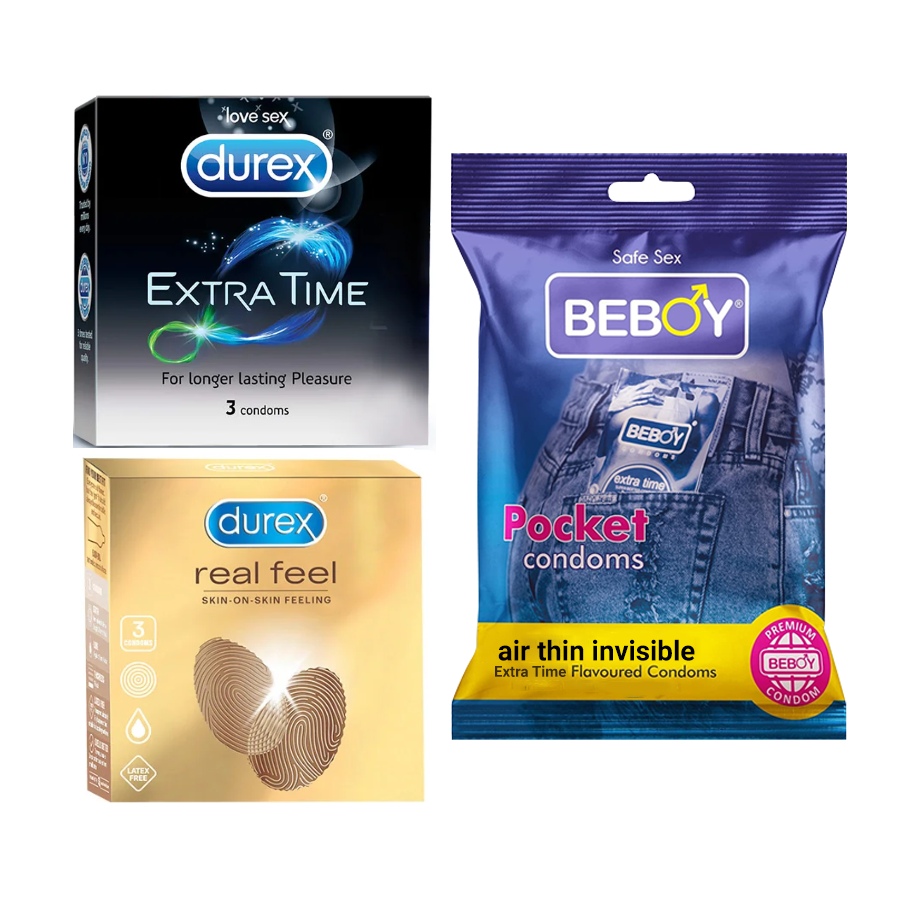 Picture of Durex SafeSkins Combo = 9Pcs Condom + Durex Extra Time 3s + Durex Real Feel 3s + Beboy Air Thin Invisible 3s Condom