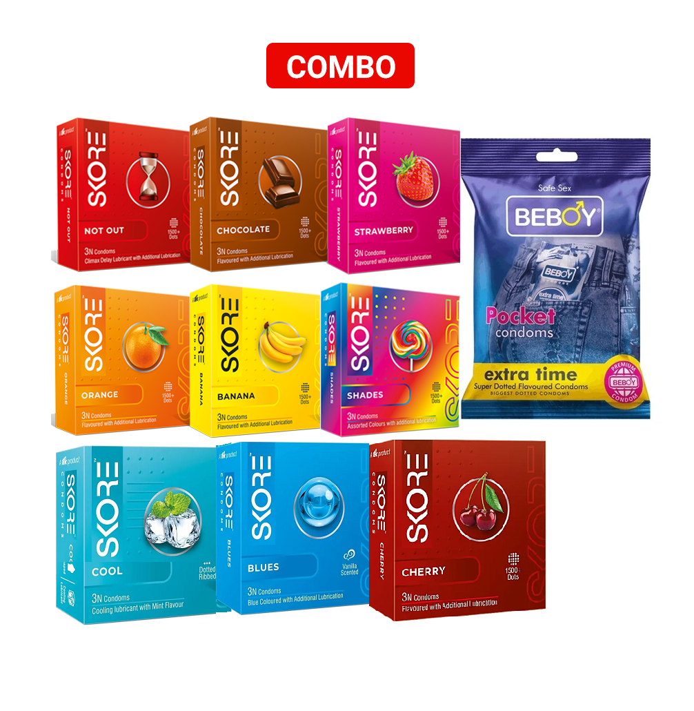 Picture of Skore Value Pack Combo = 30Pcs Condom + Skore Not Out 3s + Chocolate 3s+ Strawberry 3s + Orange 3s + Banana 3s + Shades 3s + Cool 3s + Blues 3s + Cherry 3s + Beboy 3s