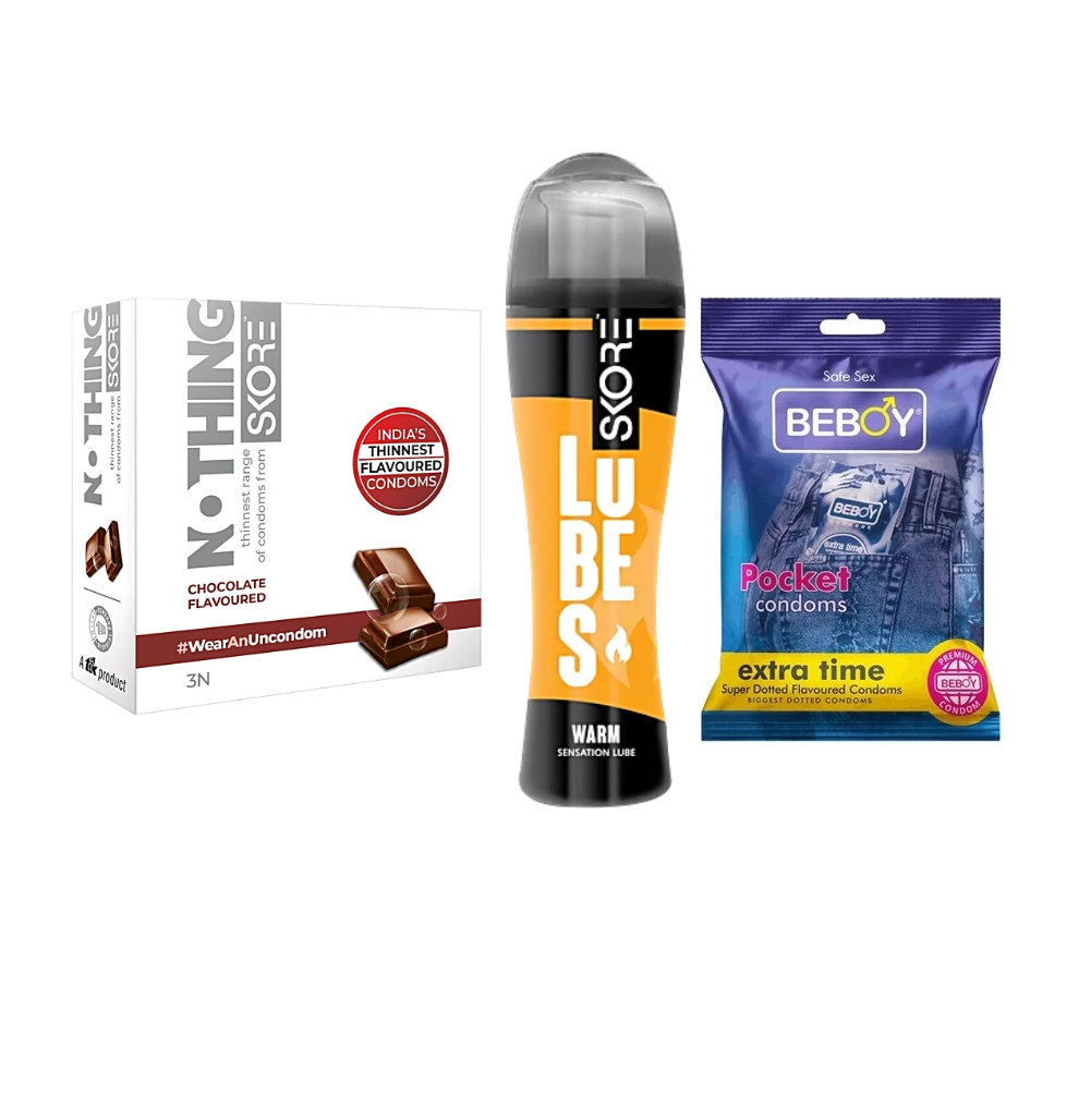 Picture of Skore Warm Combo = 6Pcs Condom + Skore Warm Lube Gel 60ml + Skore Nothing Chocolate 3s + Beboy Extra Time 3s