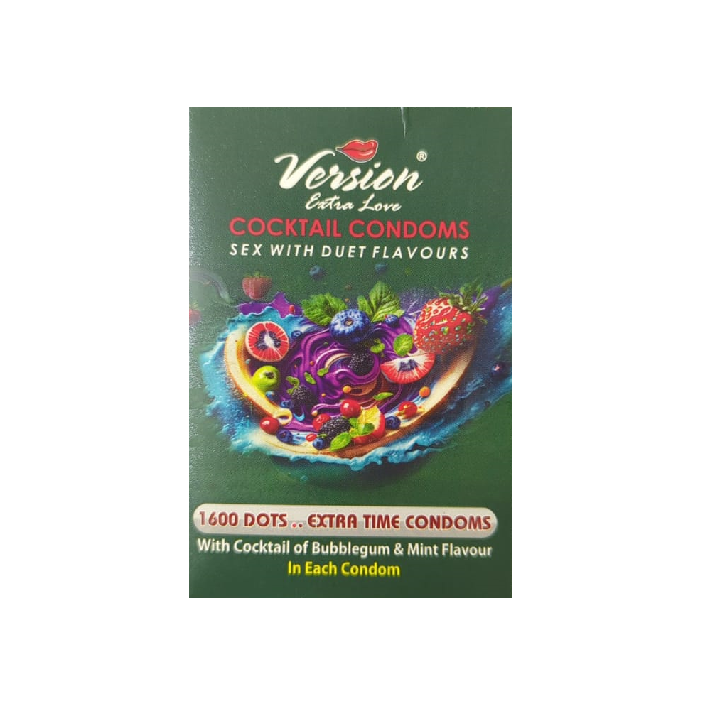 Picture of Version Extra Love Cocktail 1600 Dots Extra Time ( Bubblegum & Mint Flavoured ) Condom - 6Pcs Pack