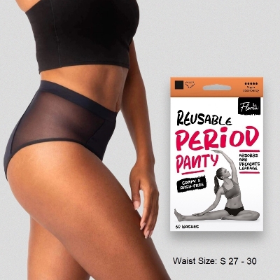 Picture of Floren Reusable Period Panty For Women| Leakproof Period Panty | Wide Coverage | Stain free Period Panty | No Need Pads | Washable upto 60 times | (Black) (S Size 27-30)