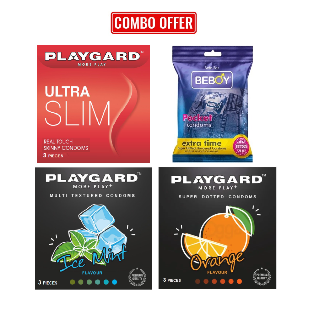 Picture of Playgard (Climax Combo Pack) Orange , Ultra Slim , Ice Mint, Beboy Extra Time Flavoured - DOTTED Condom 3x4 = 12Pcs Pack