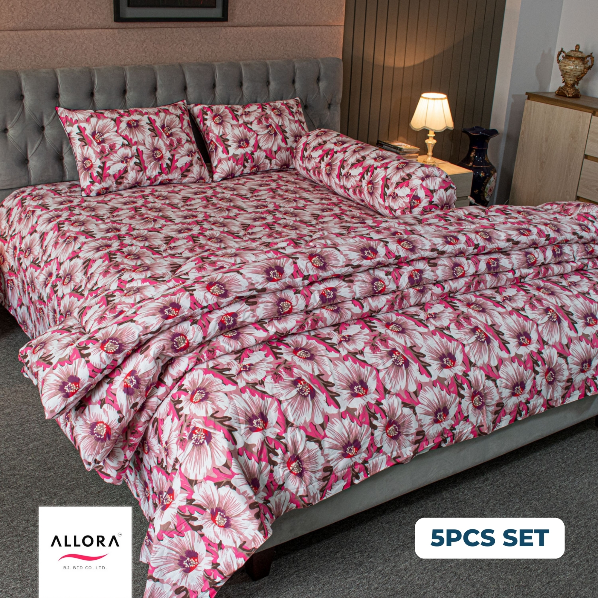 China Rose Print – Pink Comforter Bedding Set (5Pcs)
