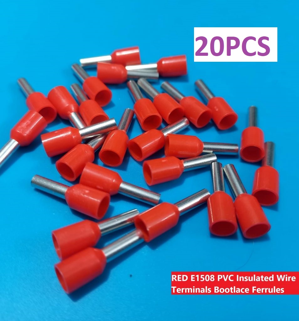 Picture of 20PCS-RED E1508 PVC Insulated Wire Terminals Bootlace Ferrules For 1.5mm2 16 AWG Wire 8mm of Pin Length 1.5 RM Cables E1508 Copper AWG 16 Wire Crimp Insulated Cord Pin End Ferrules Terminal