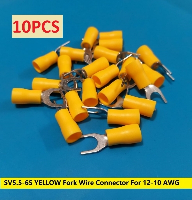 Picture of 10PCS-SV5.5-6S 3 RM YELLOW Insulated Fork Wire Connector Terminal For 12-10 AWG Wire 5.5-6S U-Type Crimp Insulated Fork Spade Terminals Quick Splice Wire Battery Cable Ends Cables Connectors