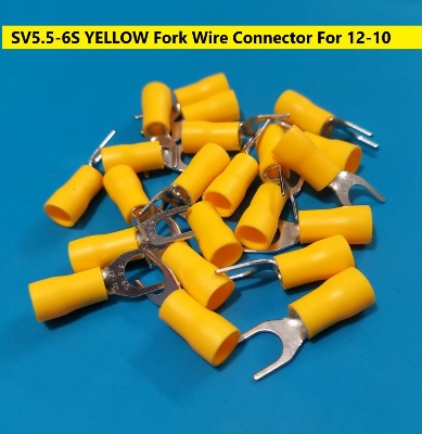 Picture of 10PCS-SV5.5-6S 3 RM YELLOW Insulated Fork Wire Connector Terminal For 12-10 AWG Wire 5.5-6S U-Type Crimp Insulated Fork Spade Terminals Quick Splice Wire Battery Cable Ends Cables Connectors