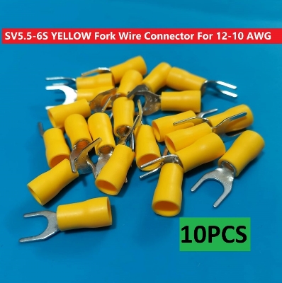 Picture of 10PCS-SV5.5-6S 3 RM YELLOW Insulated Fork Wire Connector Terminal For 12-10 AWG Wire 5.5-6S U-Type Crimp Insulated Fork Spade Terminals Quick Splice Wire Battery Cable Ends Cables Connectors