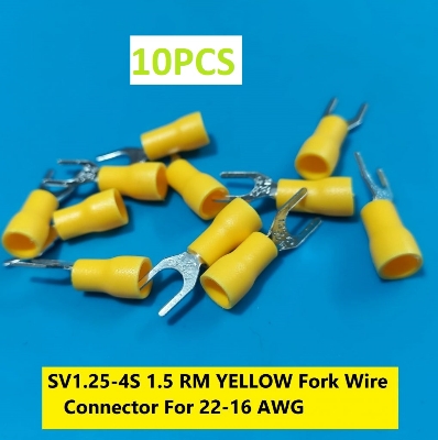 Picture of {{10PCS}-SV1.25-4S 1.5 RM YELLOW Insulated Fork Wire Connector Terminal For 22-16 AWG Wire 1.25-4S U-Type Crimp Insulated Fork Spade Terminals Quick Splice Wire Battery Cable Ends Cables Connectors