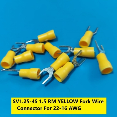 Picture of {{10PCS}-SV1.25-4S 1.5 RM YELLOW Insulated Fork Wire Connector Terminal For 22-16 AWG Wire 1.25-4S U-Type Crimp Insulated Fork Spade Terminals Quick Splice Wire Battery Cable Ends Cables Connectors