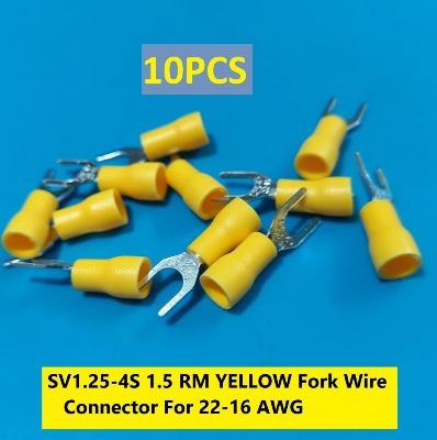 Picture of {{10PCS}-SV1.25-4S 1.5 RM YELLOW Insulated Fork Wire Connector Terminal For 22-16 AWG Wire 1.25-4S U-Type Crimp Insulated Fork Spade Terminals Quick Splice Wire Battery Cable Ends Cables Connectors