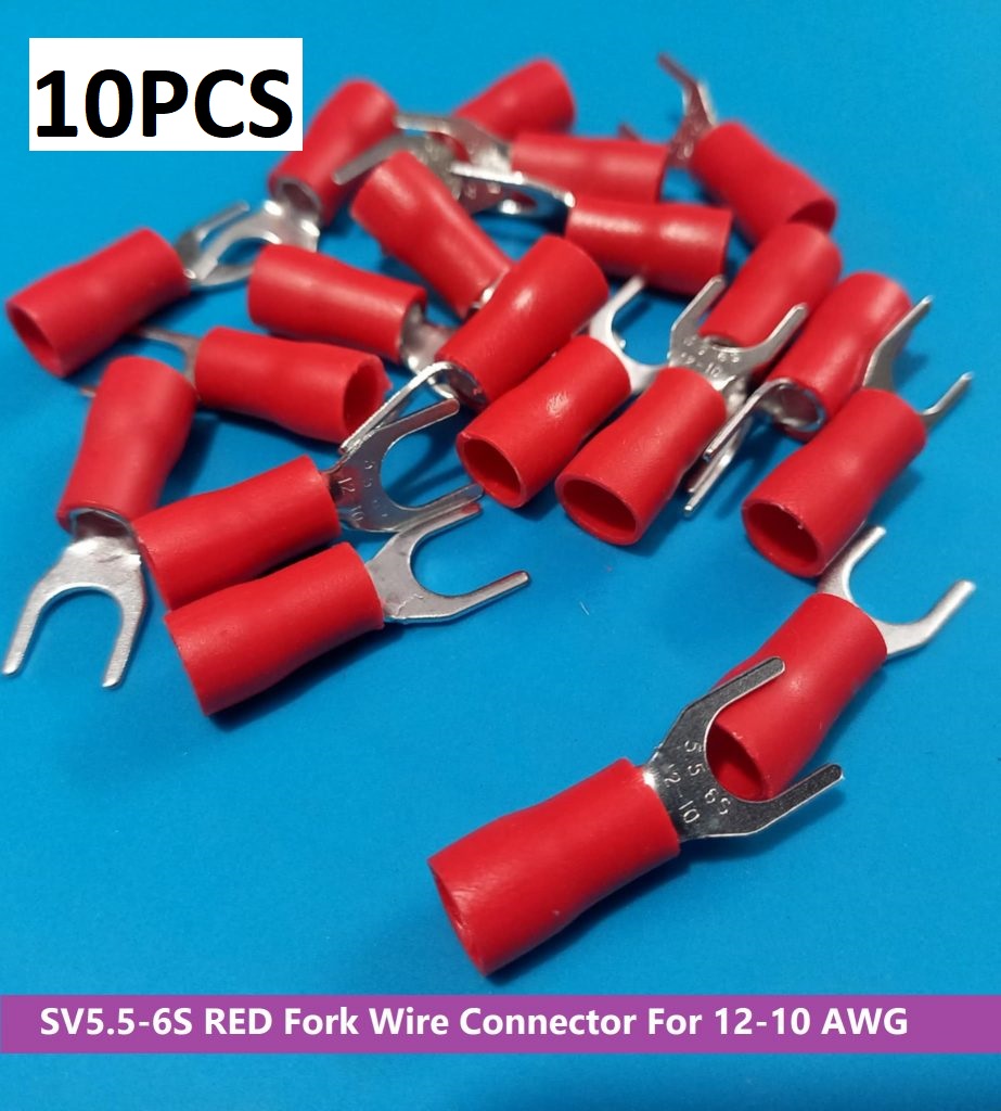 Picture of 10PCS-SV5.5-6S 3 RM RED Insulated Fork Wire Connector Terminal For 12-10 AWG Wire 5.5-6S U-Type Crimp Insulated Fork Spade Terminals Quick Splice Wire Battery Cable Ends Cables Connectors