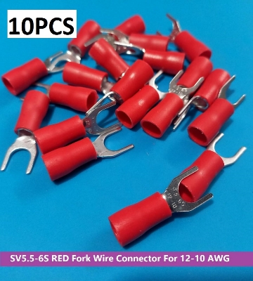 Picture of 10PCS-SV5.5-6S 3 RM RED Insulated Fork Wire Connector Terminal For 12-10 AWG Wire 5.5-6S U-Type Crimp Insulated Fork Spade Terminals Quick Splice Wire Battery Cable Ends Cables Connectors