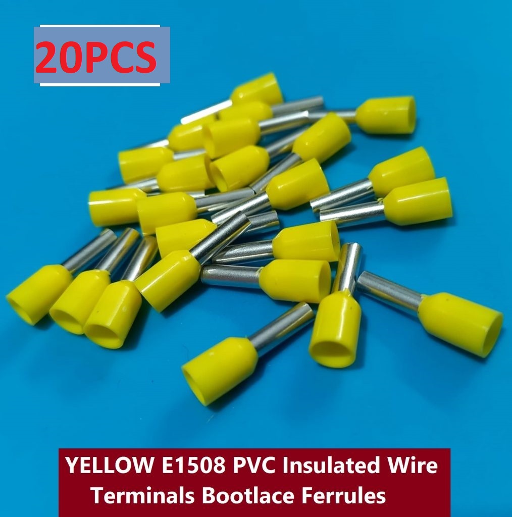 Picture of 20PCS-YELLOW E1508 PVC Insulated Wire Terminals Bootlace Ferrules For 1.5mm2 16 AWG Wire 8mm of Pin Length 1.5 RM Cables E1508 Copper AWG 16 Wire Crimp Insulated Cord Pin End Ferrules Terminal