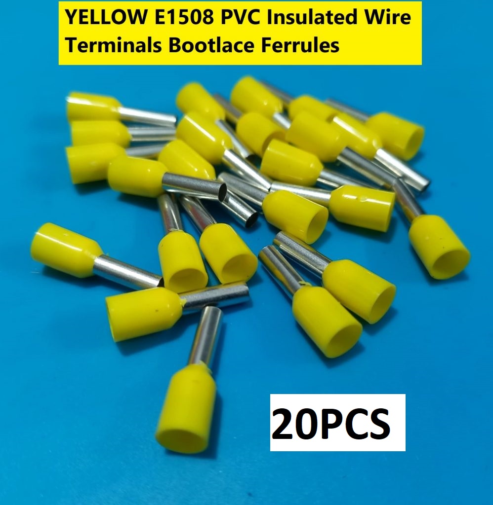 Picture of 20PCS-YELLOW E1508 PVC Insulated Wire Terminals Bootlace Ferrules For 1.5mm2 16 AWG Wire 8mm of Pin Length 1.5 RM Cables E1508 Copper AWG 16 Wire Crimp Insulated Cord Pin End Ferrules Terminal