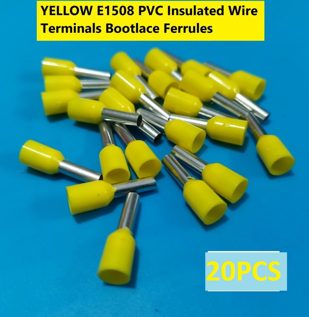 Picture of 20PCS-YELLOW E1508 PVC Insulated Wire Terminals Bootlace Ferrules For 1.5mm2 16 AWG Wire 8mm of Pin Length 1.5 RM Cables E1508 Copper AWG 16 Wire Crimp Insulated Cord Pin End Ferrules Terminal