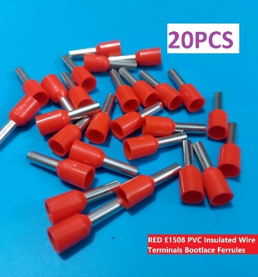 Picture of 20PCS-RED E1508 PVC Insulated Wire Terminals Bootlace Ferrules For 1.5mm2 16 AWG Wire 8mm of Pin Length 1.5 RM Cables E1508 Copper AWG 16 Wire Crimp Insulated Cord Pin End Ferrules Terminal