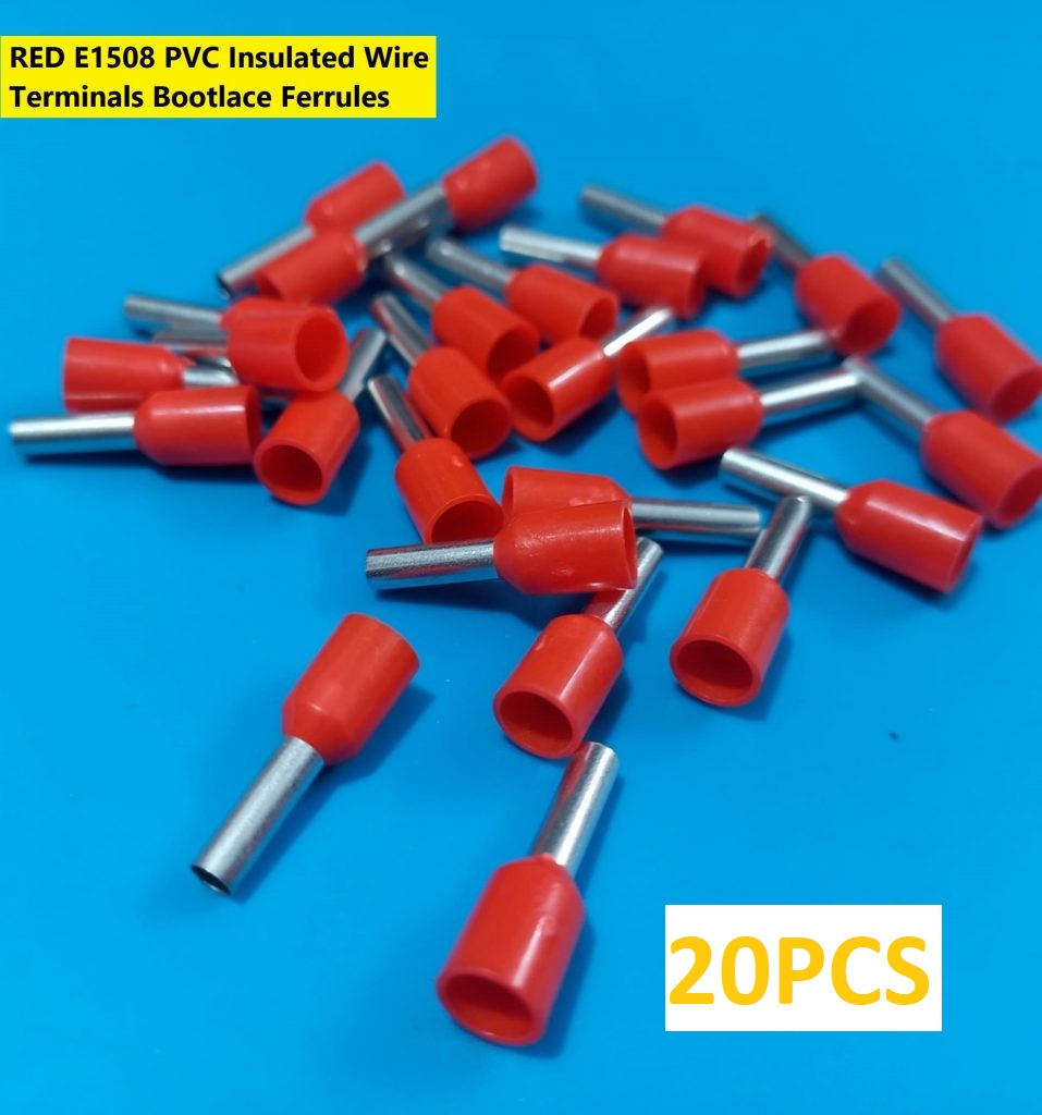 Picture of 20PCS-RED E1508 PVC Insulated Wire Terminals Bootlace Ferrules For 1.5mm2 16 AWG Wire 8mm of Pin Length 1.5 RM Cables E1508 Copper AWG 16 Wire Crimp Insulated Cord Pin End Ferrules Terminal