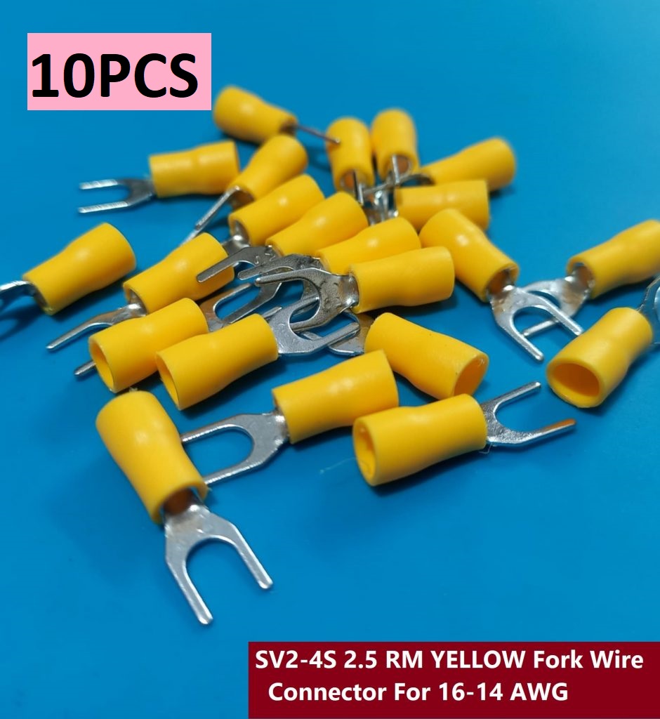 Picture of {10PCS}-SV2-4S 2.5 RM YELLOW Insulated Fork Wire Connector Terminal For 16-14 AWG Wire 2-4S U-Type Crimp Insulated Fork Spade Terminals Quick Splice Wire Battery Cable Ends Cables Connectors