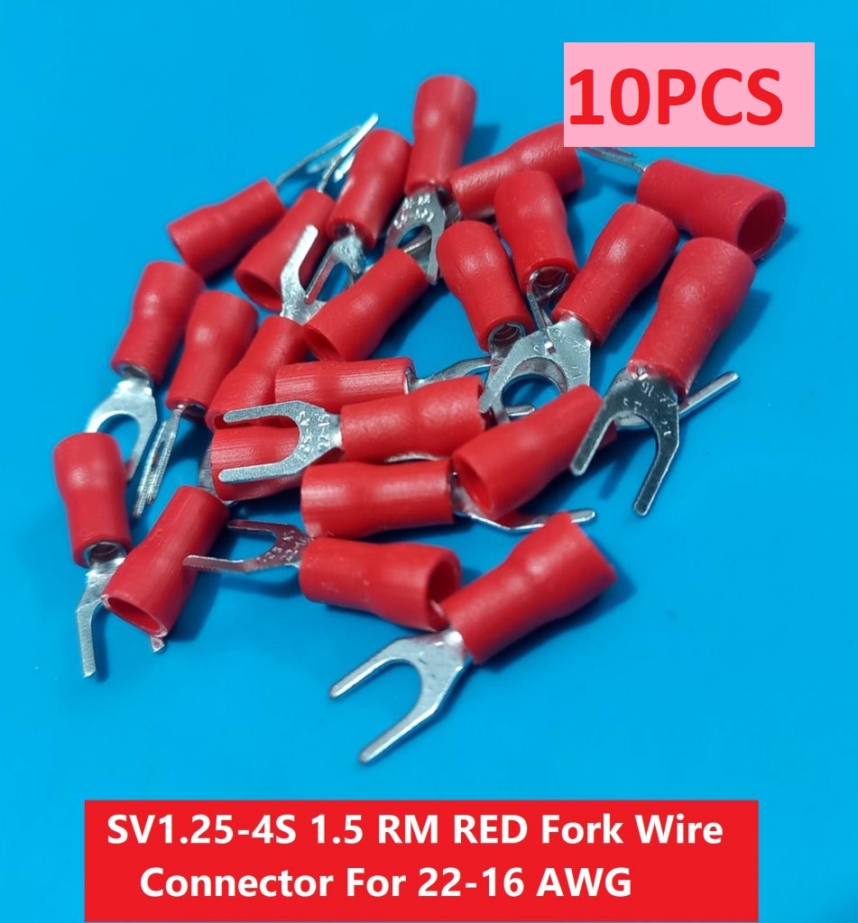 Picture of 10PCS}-SV1.25-4S 1.5 RM RED Insulated Fork Wire Connector Terminal For 22-16 AWG Wire 1.25-4S U-Type Crimp Insulated Fork Spade Terminals Quick Splice Wire Battery Cable Ends Cables Connectors