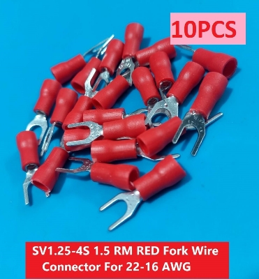 Picture of 10PCS}-SV1.25-4S 1.5 RM RED Insulated Fork Wire Connector Terminal For 22-16 AWG Wire 1.25-4S U-Type Crimp Insulated Fork Spade Terminals Quick Splice Wire Battery Cable Ends Cables Connectors