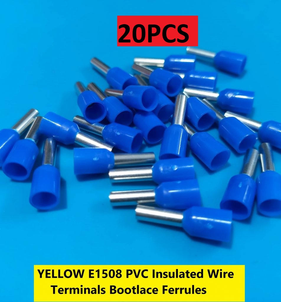Picture of 20PCS-BLUE E1508 PVC Insulated Wire Terminals Bootlace Ferrules For 1.5mm2 16 AWG Wire 8mm of Pin Length 1.5 RM Cables E1508 Copper AWG 16 Wire Crimp Insulated Cord Pin End Ferrules Terminal
