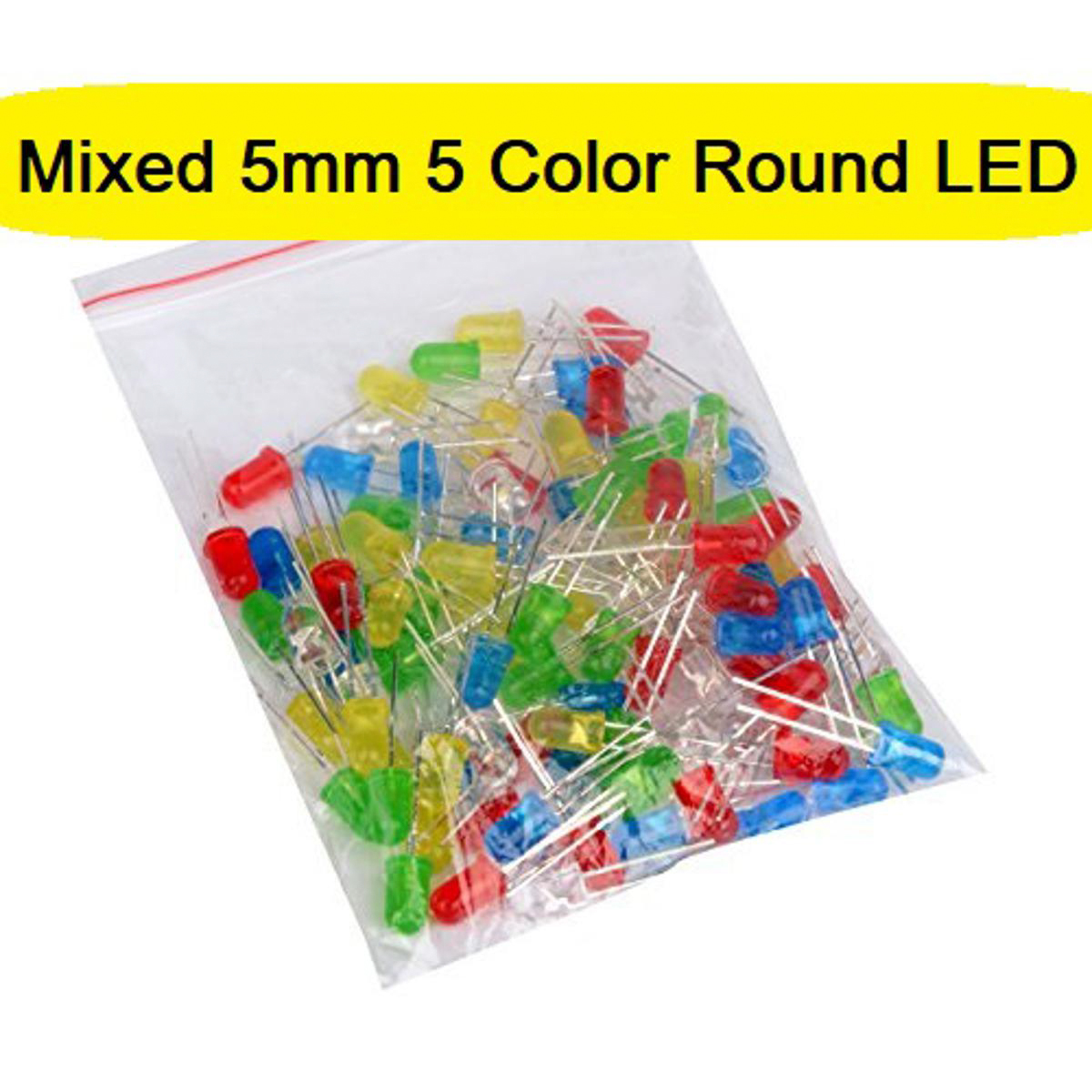 Picture of 50Pcs- 5mm Colorful LED Mixed 5mm 5 Color Round LED Light Emitting Diode Basic LED Green Red Yellow Blue White Light Bulbs For Electronics Project Indicator Front Panels Light DIY