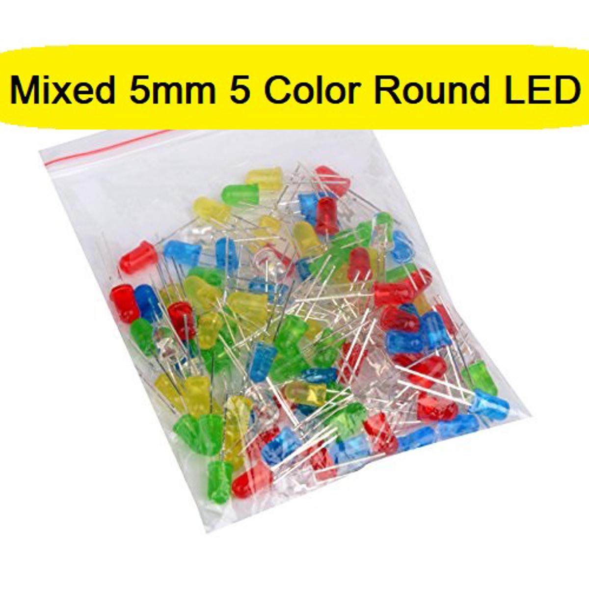 Picture of 50Pcs- 5mm Colorful LED Mixed 5mm 5 Color Round LED Light Emitting Diode Basic LED Green Red Yellow Blue White Light Bulbs For Electronics Project Indicator Front Panels Light DIY