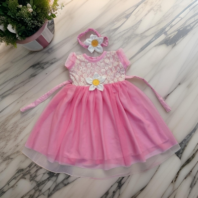 Picture of New Baby Girls Fashionable Premium Quality Beautiful Party Dress With HAIR BAND One Piece Baby Dress for 1-7