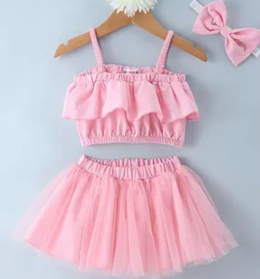 Picture of Kids Singlet Sleeves Top & Skirt With Bow Headband Solid Colour - Pink 0-12