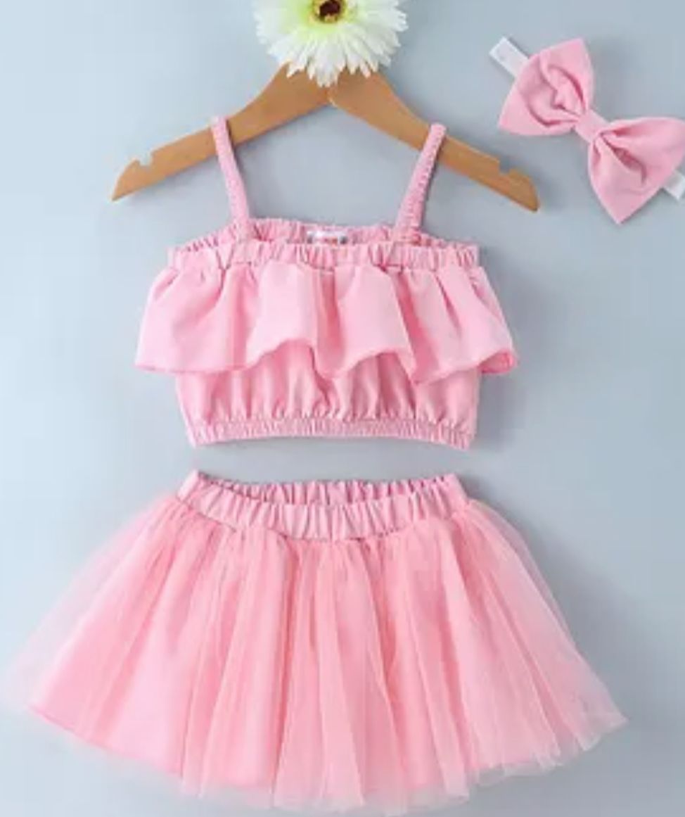 Picture of Kids Singlet Sleeves Top & Skirt With Bow Headband Solid Colour - Pink 0-7