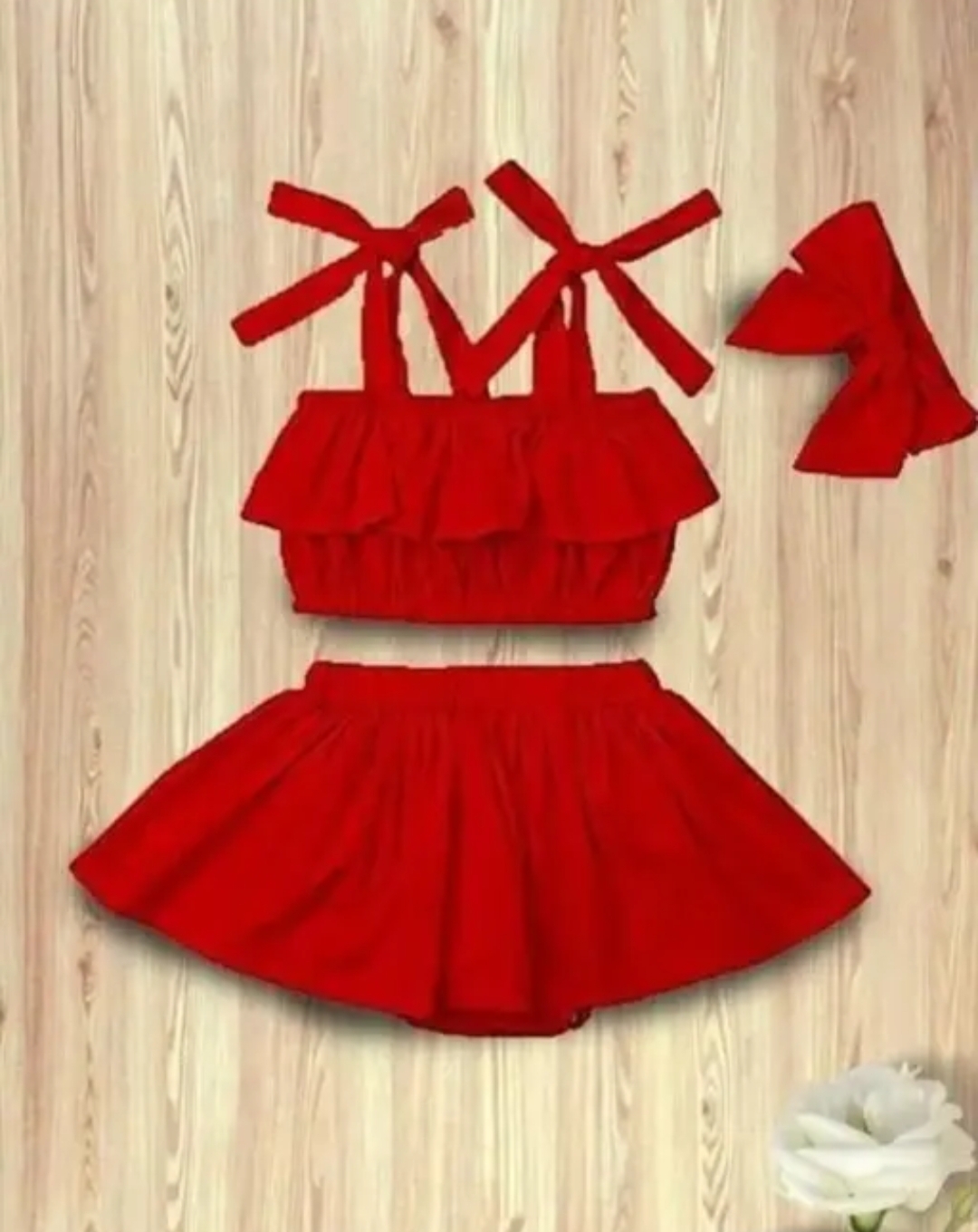 Picture of Kids Baby Girls Outfits Ruffle Off Shoulder Crop Tops + Bow-Knot Cotton Shorts Skirt Set  0-7