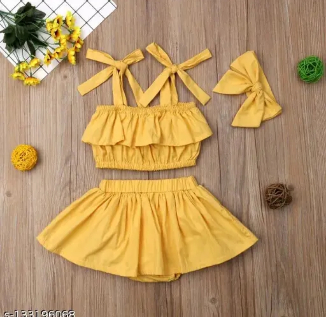 Picture of Kids Baby Girls Outfits Ruffle Off Shoulder Crop Tops + Bow-Knot Cotton Shorts Skirt Set  0-7