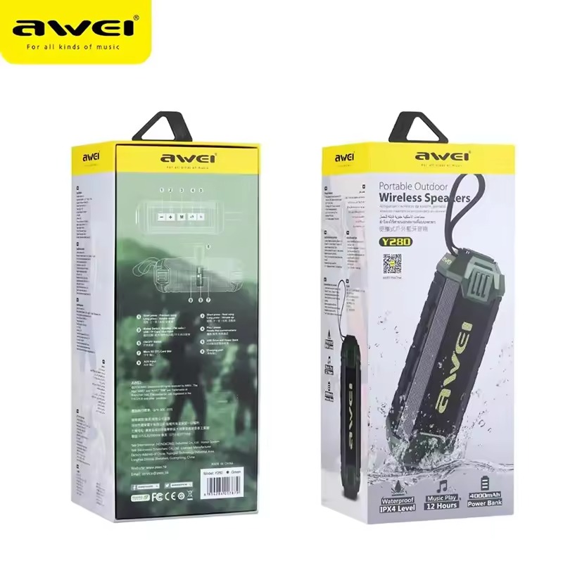 Picture of Awei Y280 Portable Bluetooth Speaker, 12 Hours Working Outdoor Speaker Powerful Subwoofer IPX4 Waterproof Speaker With Power Bank Function