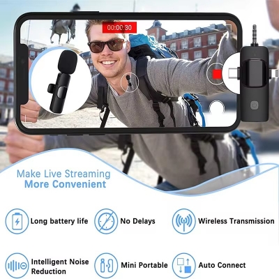 Picture of K15 Wireless Microphone. 3 in 1 Lavalier Collar Microphone for Type C, iPhone, 3.5mm Multi Device Video Broadcast Noise Reduction Mini Lapel Microphones
