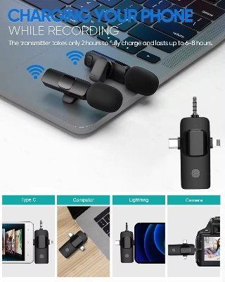 Picture of K15 Wireless Microphone. 3 in 1 Lavalier Collar Microphone for Type C, iPhone, 3.5mm Multi Device Video Broadcast Noise Reduction Mini Lapel Microphones