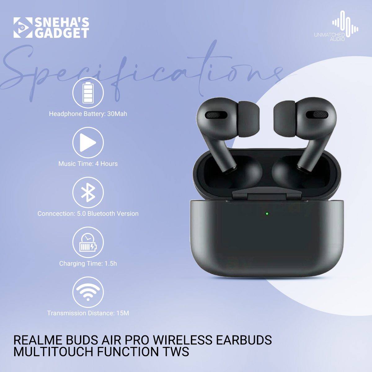 Picture of (Realme) Buds Air Pro Wireless Earbuds Multitouch Function TWS Wireless Mini Air Buds Bluetooth 5.0 Earphones