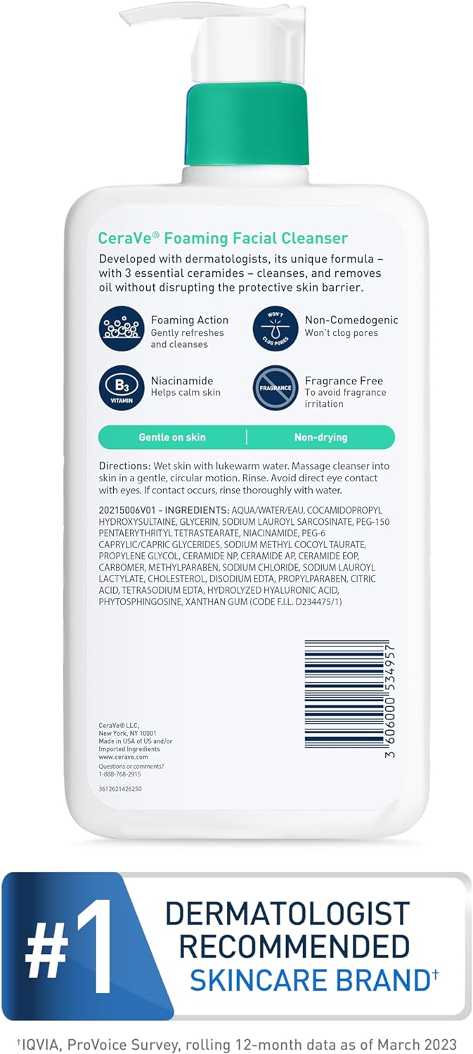 Picture of CeraVe Foaming Cleanser 16 oz for Daily Face Washing, Normal to Oily Skin